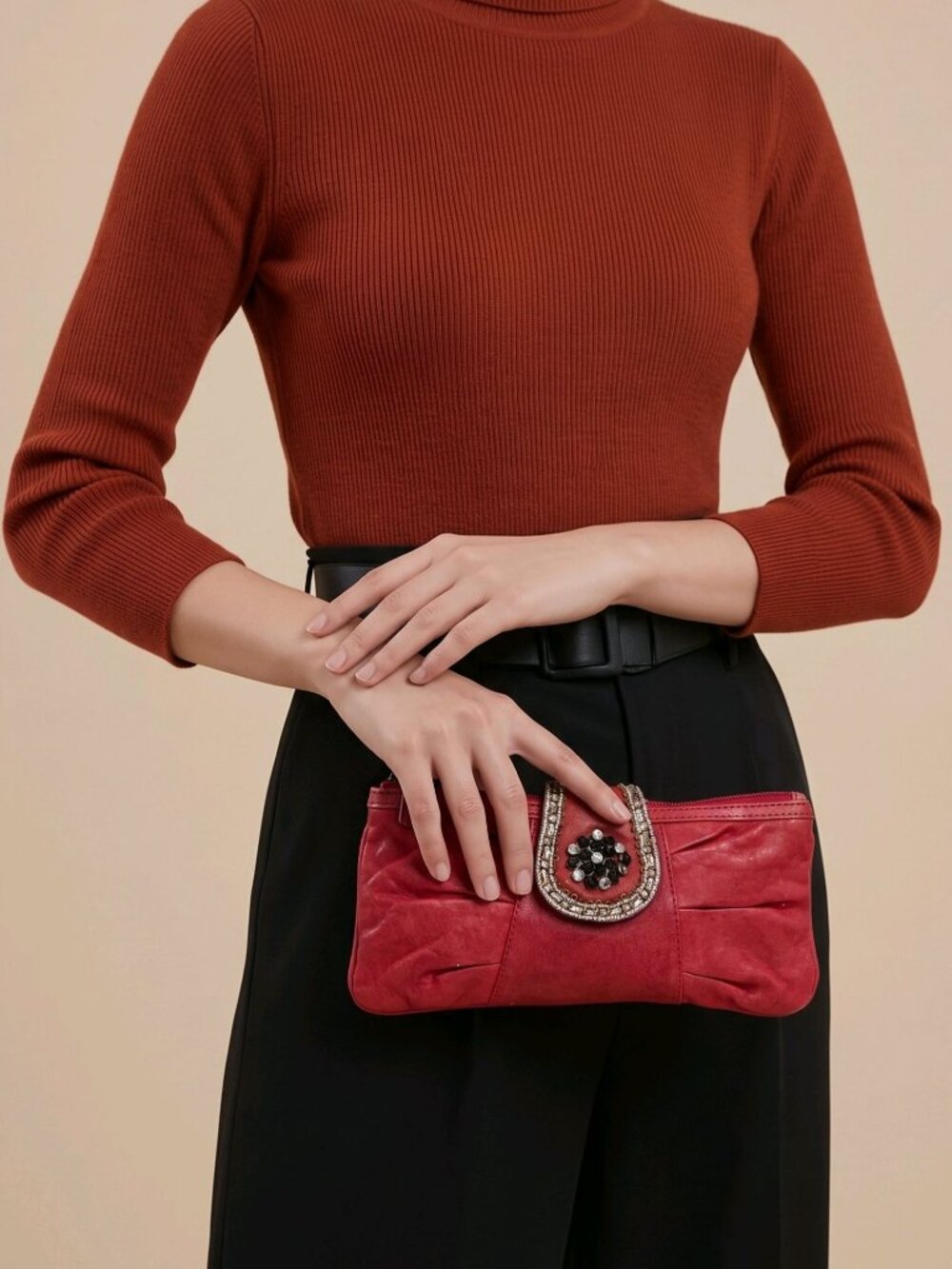 Fossil ✦ Red Leather Hand Beaded Clutch ✦ Rhinestone Accents Zip Closure 10"
